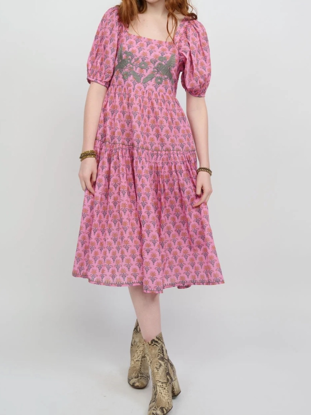 Ivy Jane by Sister Mary Marisol Midi Smock Dress in Sage Green & Pink